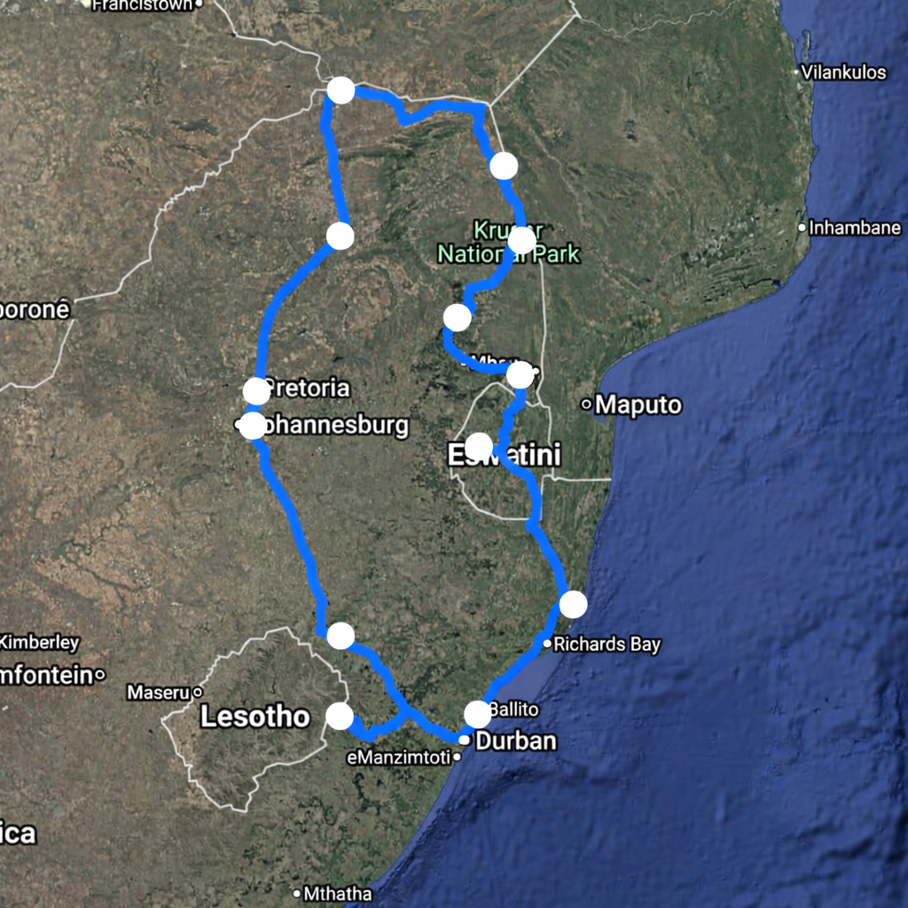 Route der African Ivory Route & Beyond Safari — von Pretoria über Mapungubwe, Kruger, Eswatini, St Lucia, Lesotho bis zur Drakensberg