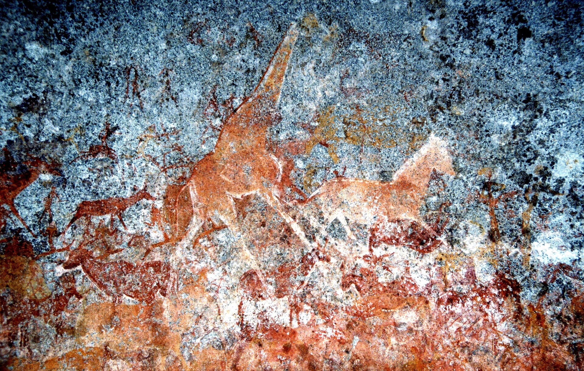 San rock art in Nswatugi Cave, Matobo Hills, among the finest prehistoric paintings in southern Africa.