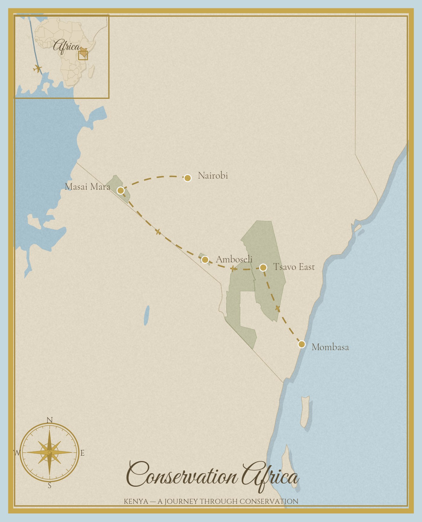 Route map of Conservation Africa, a fly-in journey from Mombasa through Tsavo East, Amboseli and the Maasai Mara to Nairobi, within Kenya and including one UNESCO World Heritage Site.