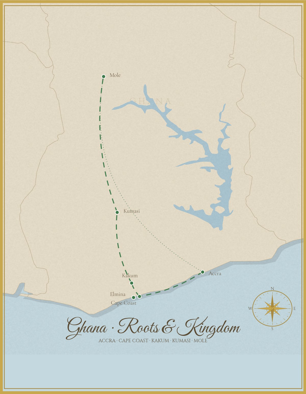 Antique-style route map of the Ghana Roots and Kingdom fly-in safari, showing the journey from Accra along the coast to Cape Coast, Elmina and Kakum, north to Kumasi and Mole National Park, and the return flight to Accra.