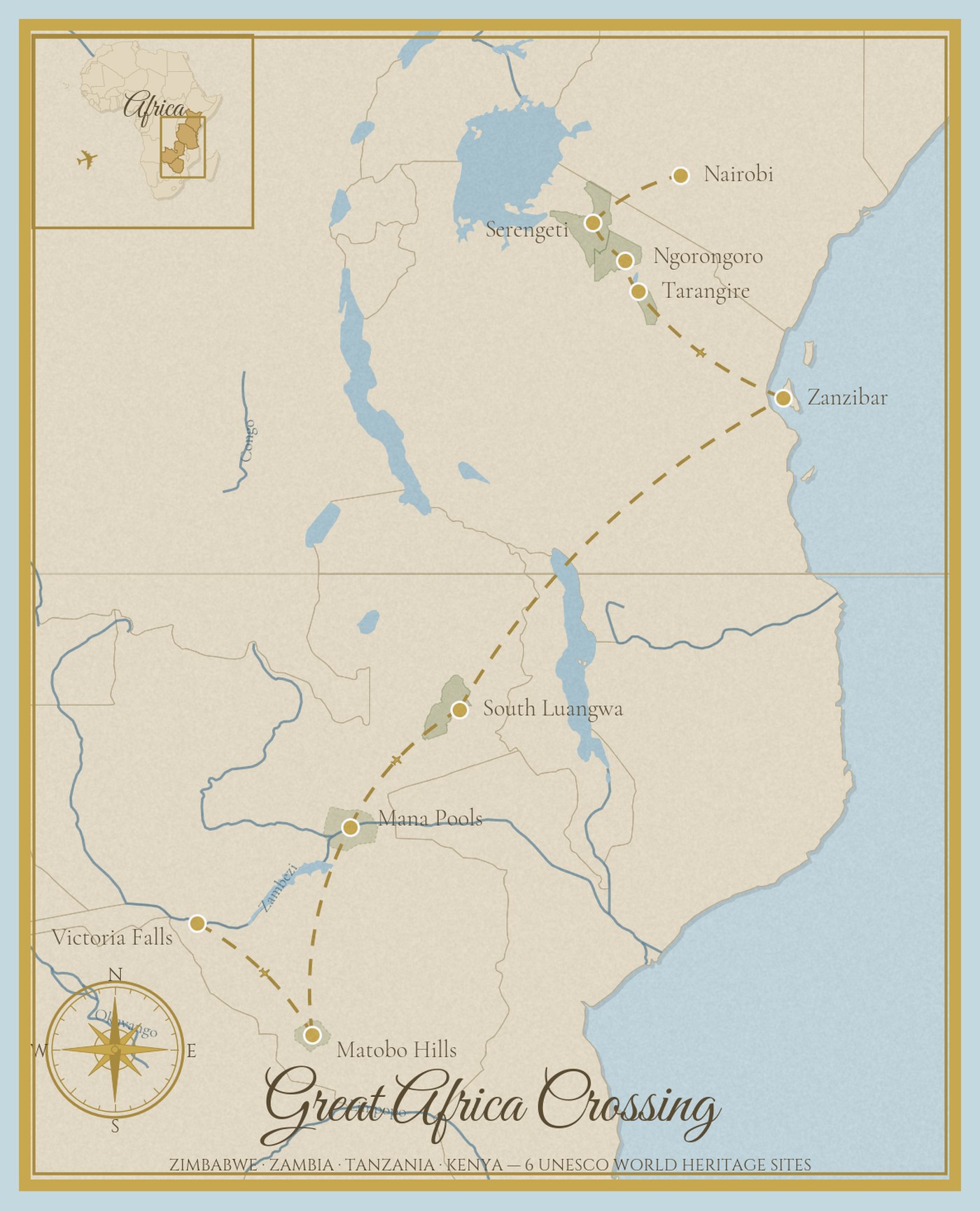 Route map of the Great Africa Crossing, a fly-in journey from Victoria Falls through Matobo Hills, Mana Pools, South Luangwa, Zanzibar, Tarangire, Ngorongoro and the Serengeti to Nairobi, across four countries and six UNESCO World Heritage Sites.