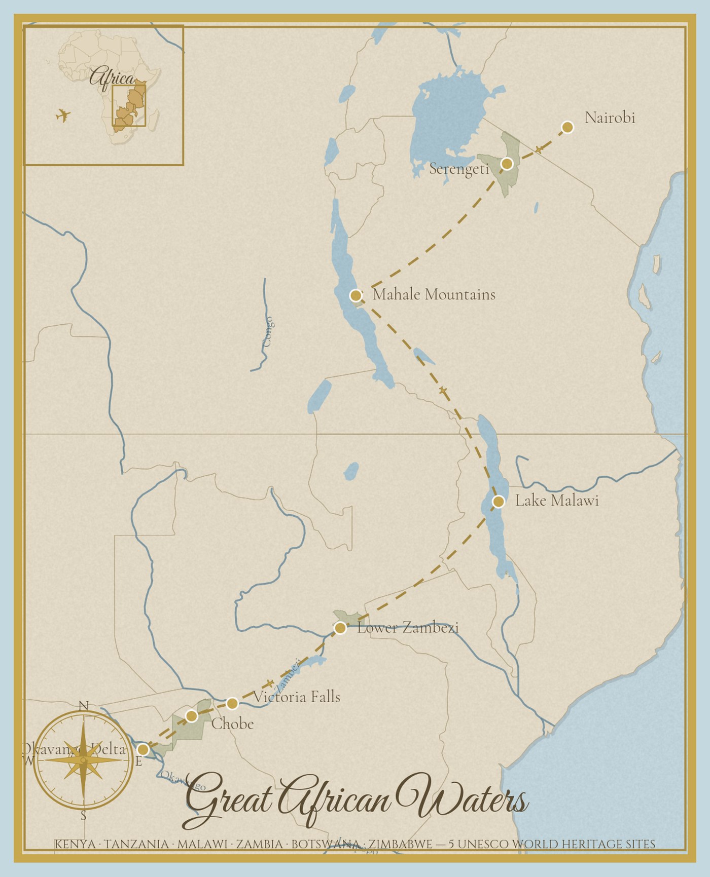 Route map of the Great African Waters, a fly-in journey from Nairobi through the Serengeti, Mahale Mountains, Lake Malawi, the Lower Zambezi, Chobe and the Okavango Delta to Victoria Falls, across six countries and five UNESCO World Heritage Sites.