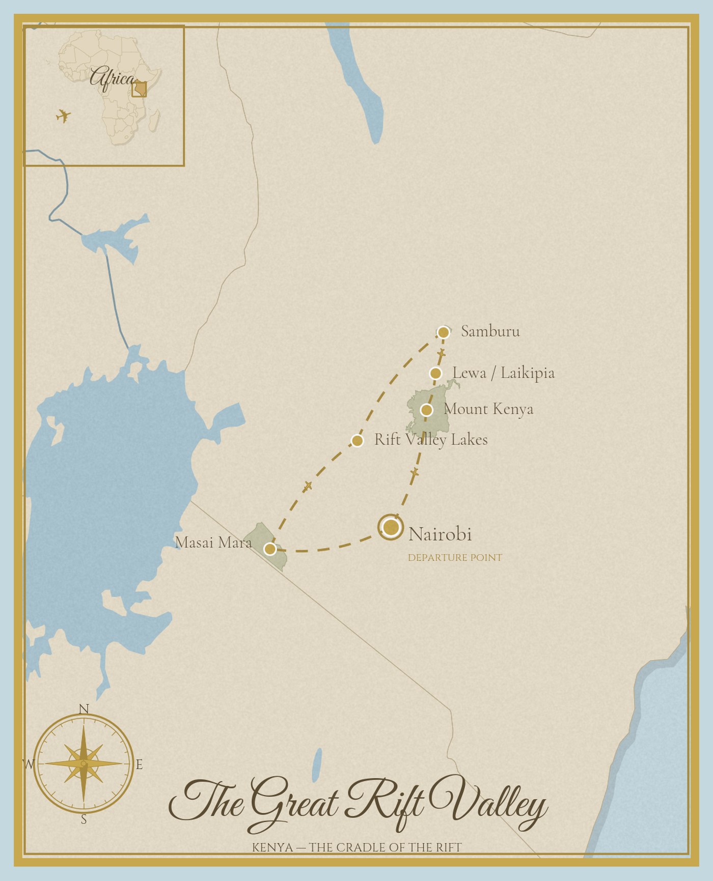 Route map of The Great Rift Valley, a fly-in journey through the Maasai Mara, the Rift Valley lakes, Samburu, Lewa and Laikipia and Mount Kenya to Nairobi, within Kenya and spanning two UNESCO World Heritage Sites.