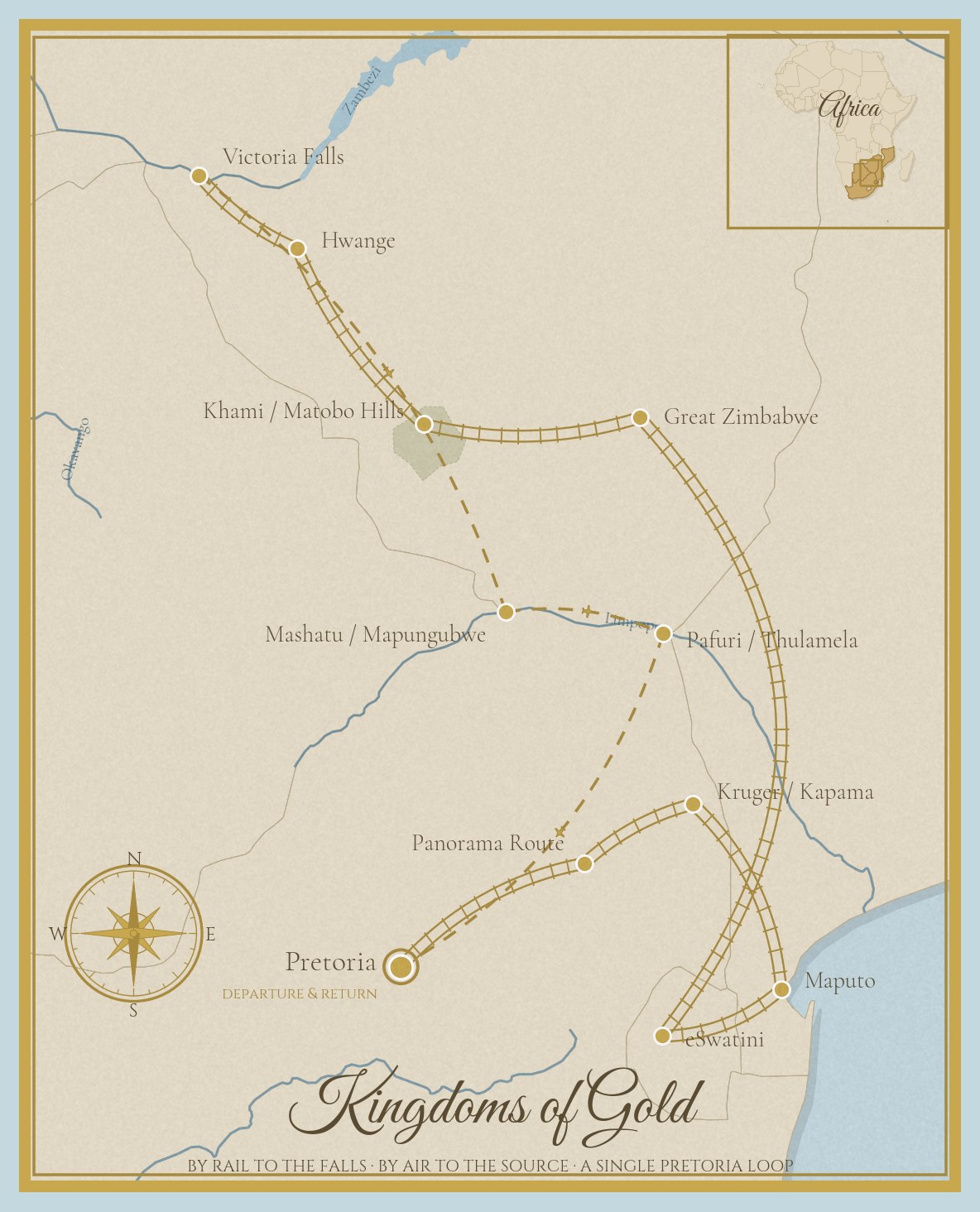 Antique-style route map of the Kingdoms of Gold journey: a single loop from Pretoria, travelling by rail through the Panorama Route, Kruger, Maputo, eSwatini, Great Zimbabwe, Khami and Matobo Hills, Hwange and Victoria Falls, then returning by light aircraft over Mashatu and Mapungubwe and Pafuri and Thulamela to Pretoria, across five countries and five UNESCO World Heritage Sites.