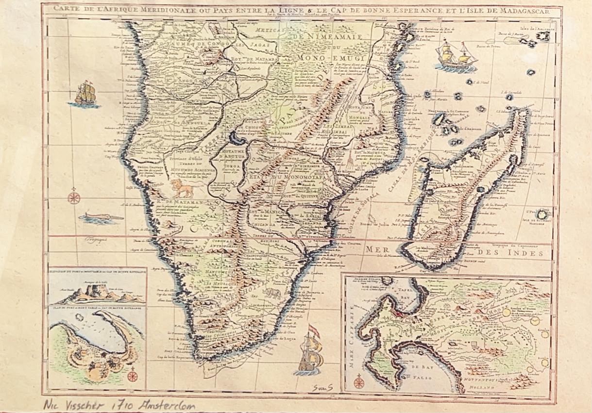 Hand-coloured 1710 map by Nicolas Visscher showing the Estats du Monomotapa between the Zambezi and Limpopo rivers — the gold land that European cartographers imagined from the coast.