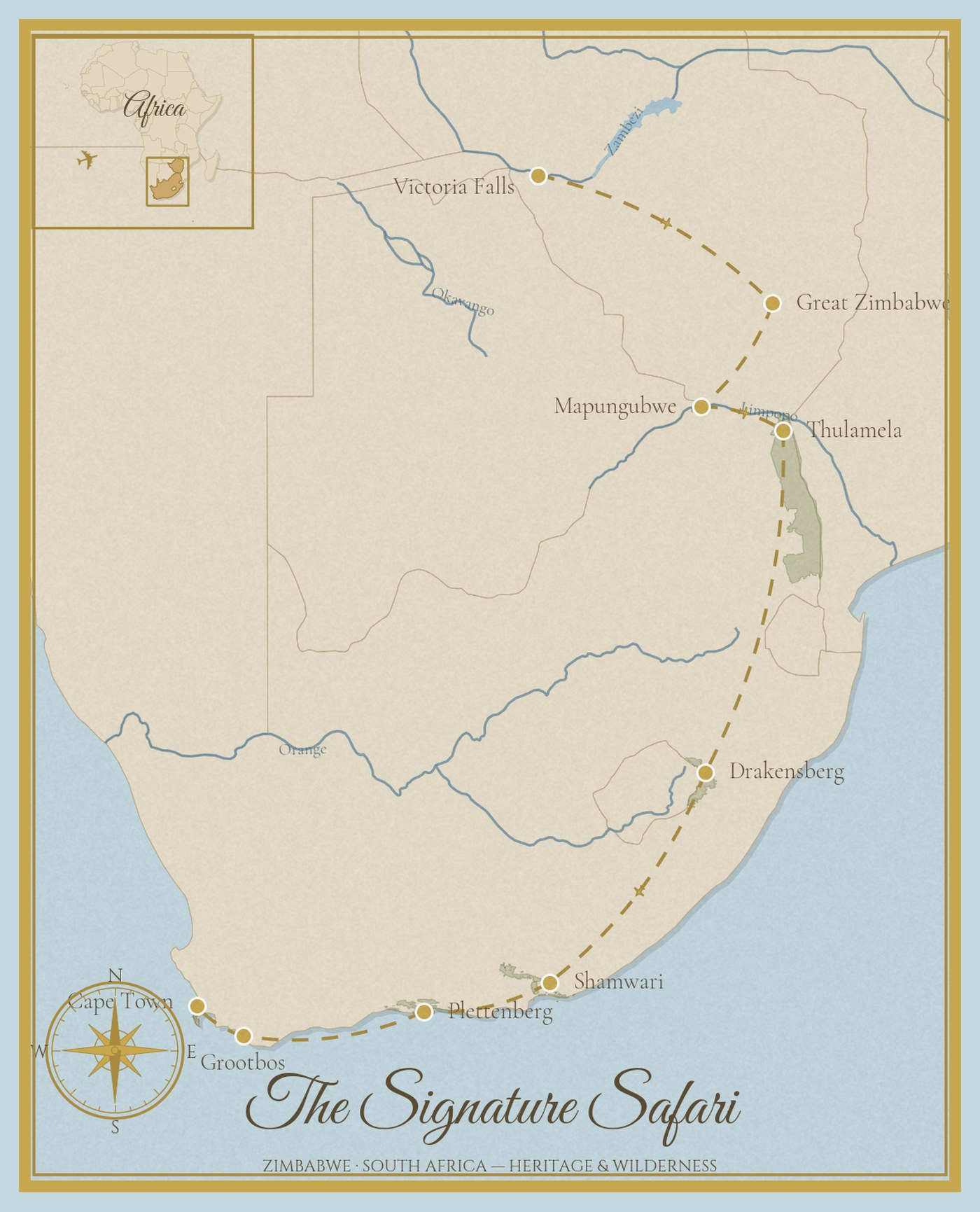 Route map of The Signature Safari, a fly-in journey from Victoria Falls through Great Zimbabwe, Mapungubwe, Thulamela, the Drakensberg and the Eastern and Western Cape to Cape Town, spanning five UNESCO World Heritage Sites.