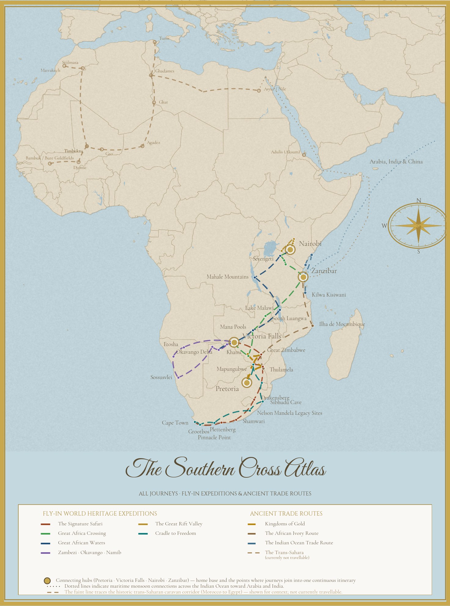 The Southern Cross Atlas — an antique-style map of all Southern Cross journeys across Africa, showing five Fly-In World Heritage Expeditions in the south and east and three Ancient Trade Routes, with connecting hubs at Pretoria, Victoria Falls, Nairobi and Zanzibar.