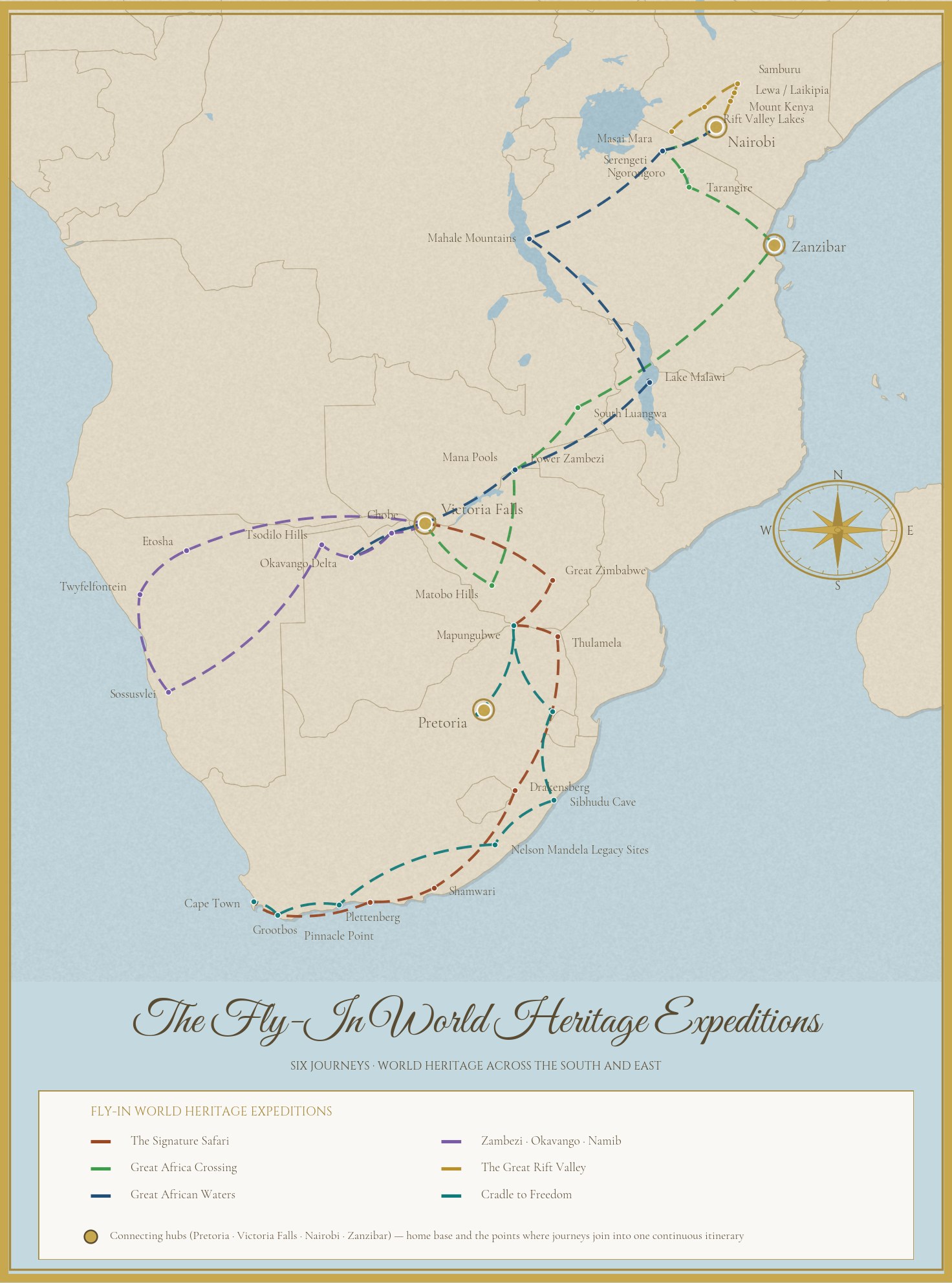 Antique-style overview map of the six Southern Cross fly-in journeys across Southern and East Africa, connecting national parks and UNESCO World Heritage Sites via Victoria Falls and Nairobi.