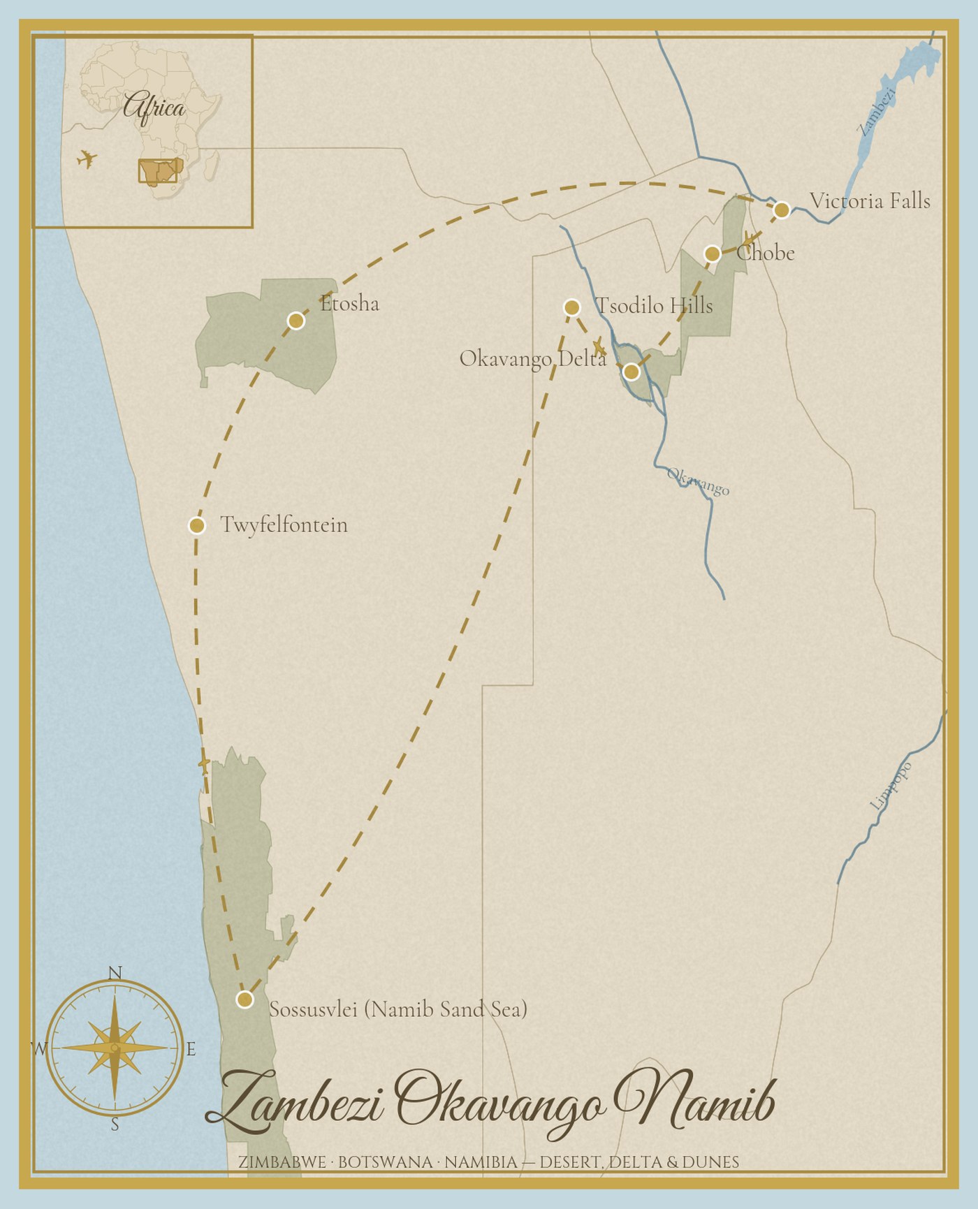 Route map of the Zambezi, Okavango and Namib crossing, a fly-in journey from Victoria Falls through Chobe, the Okavango Delta, the Tsodilo Hills, Sossusvlei in the Namib Sand Sea, Twyfelfontein and Etosha, across four countries and five UNESCO World Heritage Sites.
